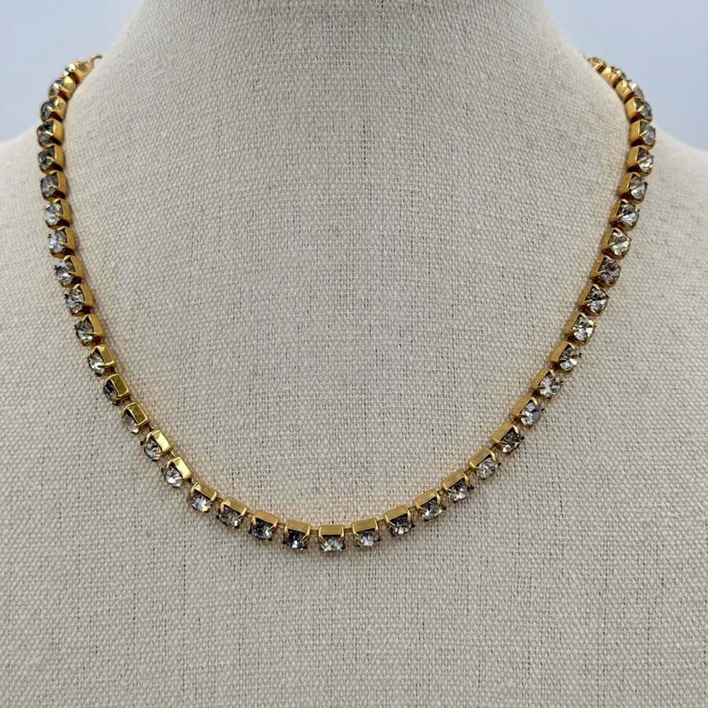Trifari TM Vintage Gold Tone Clear Rhinestone Tennis Necklace Adjustable